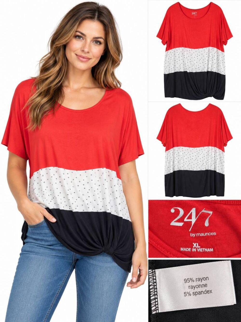 Maurices 24/7 XL Coral Polka Dot Colorblock Knot Top